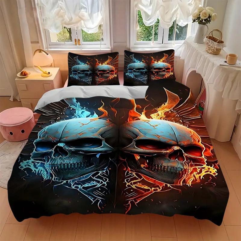 3pcs Anime Skulls Flames Wings Comforter Set with One Quilt Cover and Two Pillowcases (No Core) - Home Decor, Festival Gift, Polyester Fabric, Bedroom