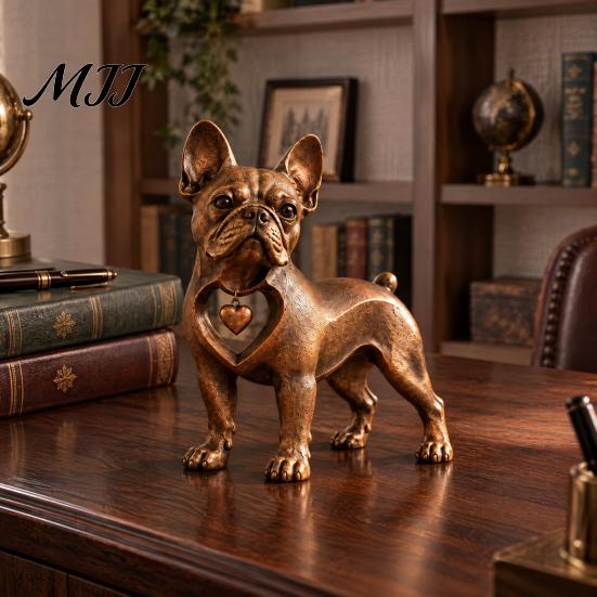 Resin Dog Sculpture Vintage Bronze French Bulldog Figurine, Standing Frenchie Statue with Heart Pendant, Pet Lover Gift Desktop Ornament for