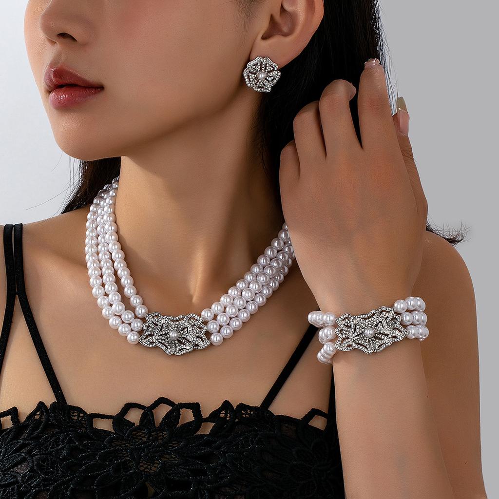 Multilayer Rhinestone Flower Imitation Pearl Beaded Choker Necklace Bracelet Stud Earrings Jewelry Party Gift