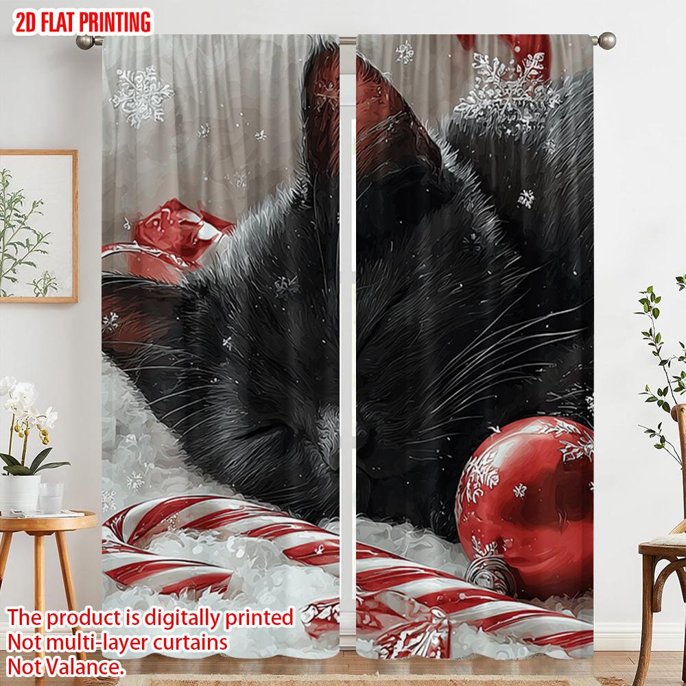 2pcs, plane printing Pattern Curtains Charming Black Kitten Versatile 100% Polyester (without rod) Decorations Inside for