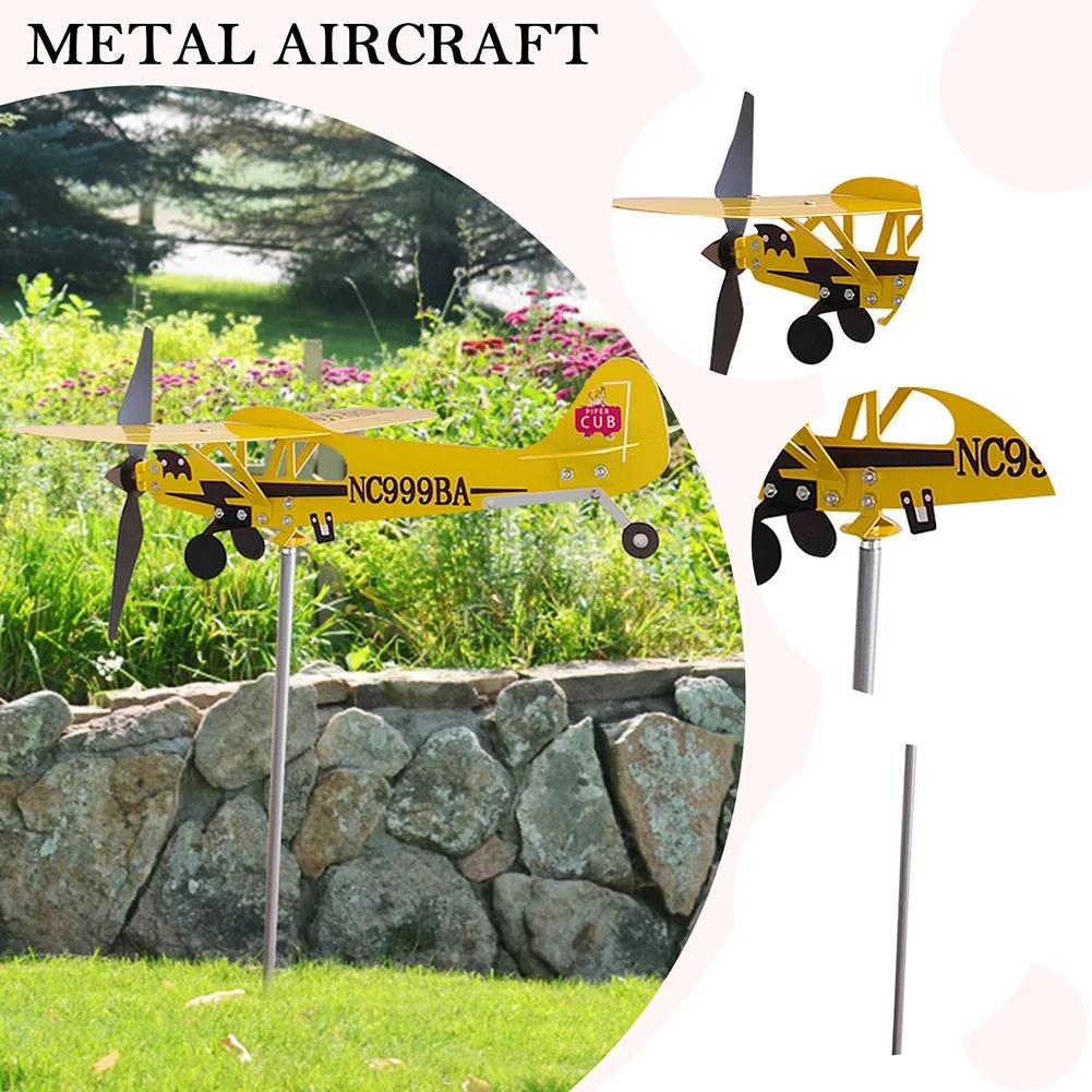 3D Piper J3 Cub Wind Spinner Plane Metal Airplane Weather Vane Outdoor Plug-in Windmill Wind Direction Compass Garden Decoration