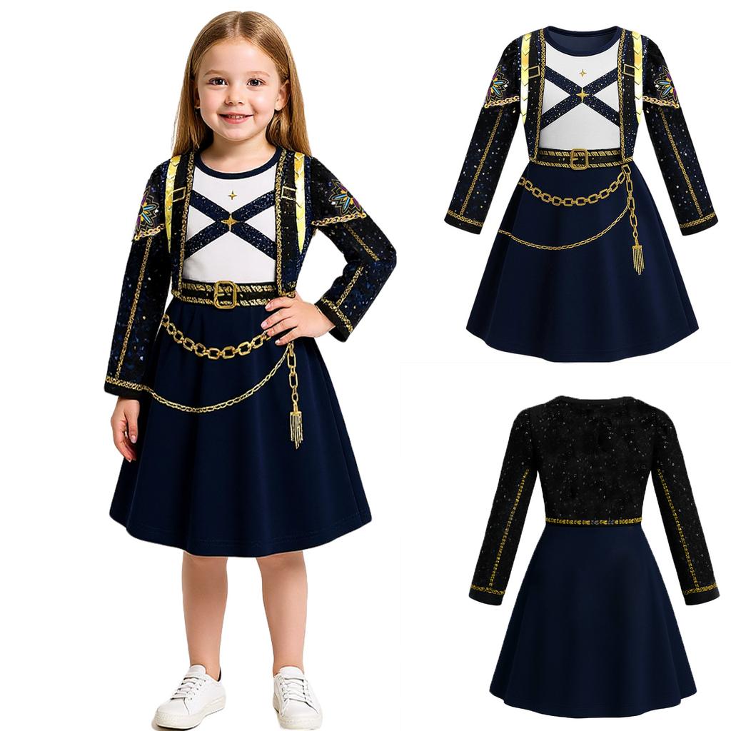 Kids Girls Casual Daily Dress Cute Cartoon Print Long Sleeves Dance Wear Princess Dress  2-12 Years