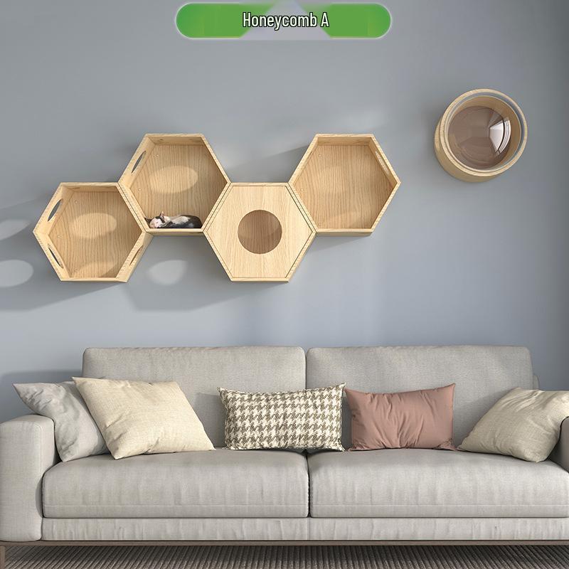 Wall-Mounted Solid Wood Cat Tree with Scratching Board and Jumping Platform