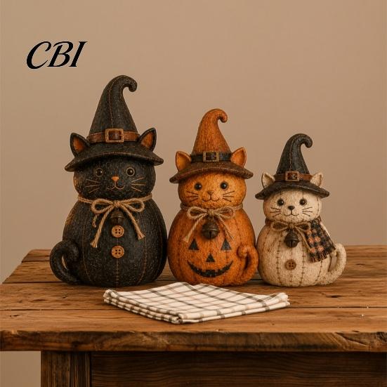Seasonal Home Soft Furnishings 3Pcs Halloween Witch Cat Dog Statues, Resin Rustic Farmhouse Small Harvest Figures Ornaments for Autumn Thanksgiving,