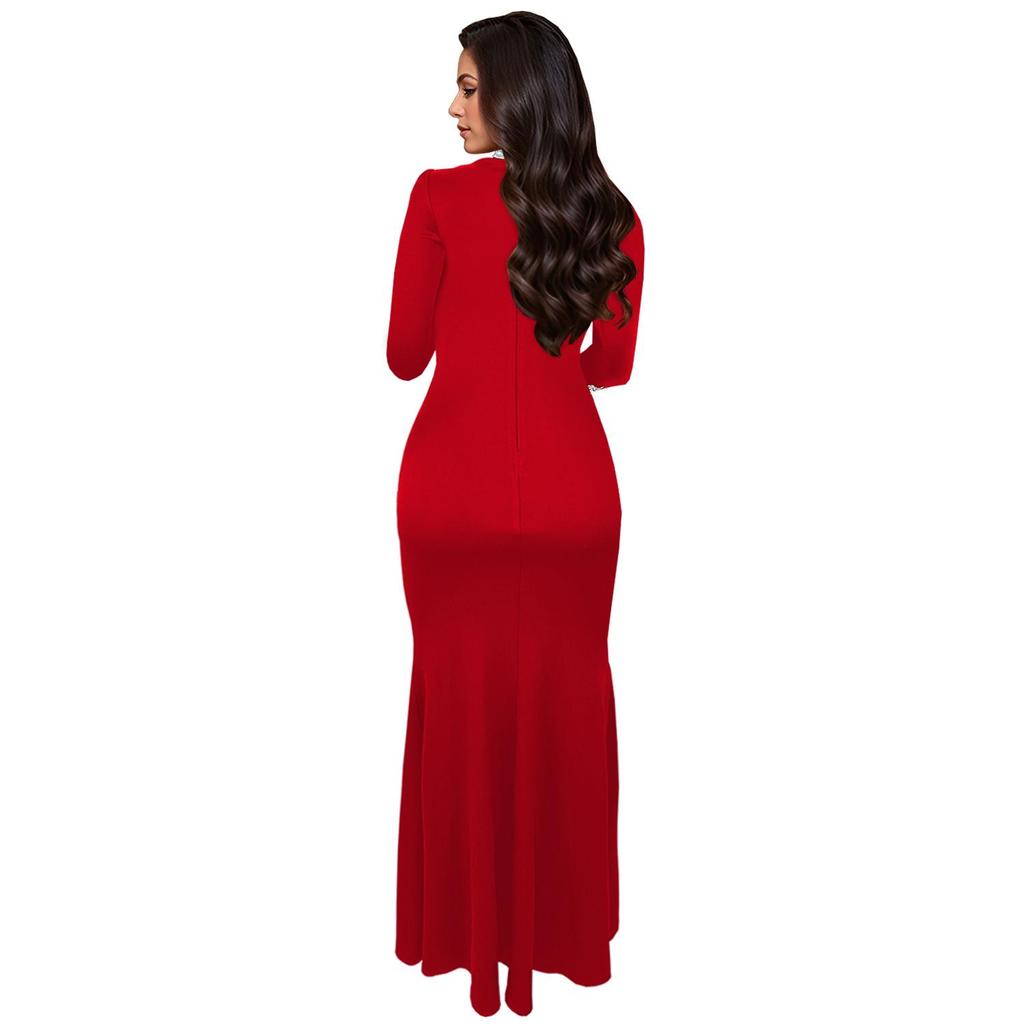 C7271 Women's Fashion Solid Color Long Sleeve Slit Dress with Hot Drilling