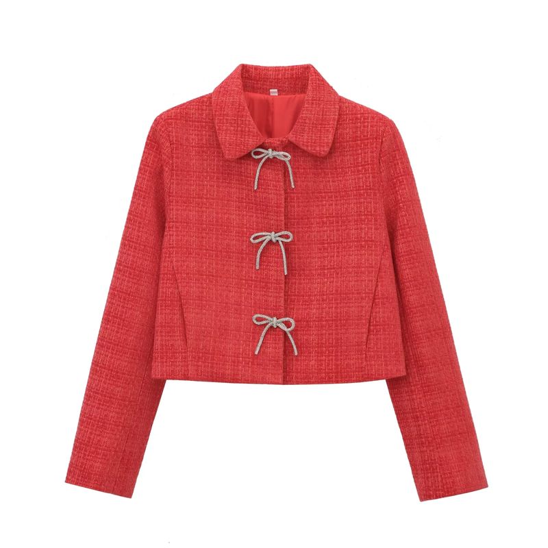 Autumn and Winter New Women clothes Graceful Bow Button Decoration Long sleeve Lapel Texture Outerwear 8711123