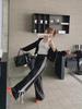 Women's Black Wide-Leg Sports Pants with Bow Design - Early Spring Casual, Loose Fit