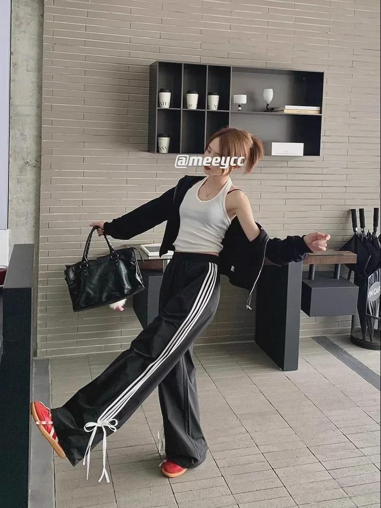 Women's Black Wide-Leg Sports Pants with Bow Design - Early Spring Casual, Loose Fit