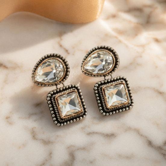 Fashion Women Rhinestone Geometry Earrings/Rings, Vintage Water Drop Earrings/Square Rings, Elegant Earrings/Rings for Women Party