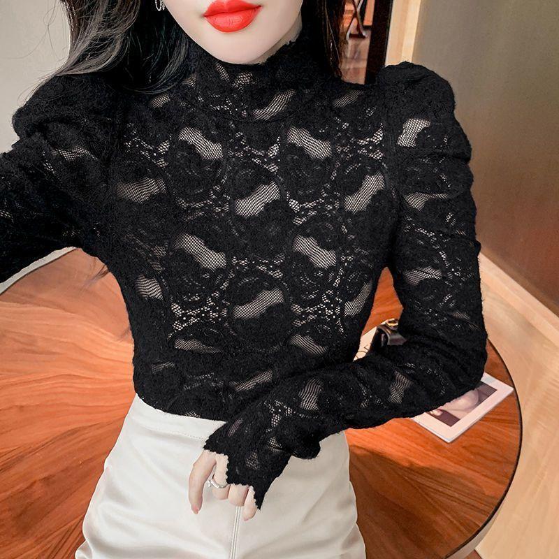

Осень Зима Водолазка Кружевная Базовая Рубашка Женская Новая Модная С Пышными Рукавами Темпераментная С Длинным Рукавом S чёрный