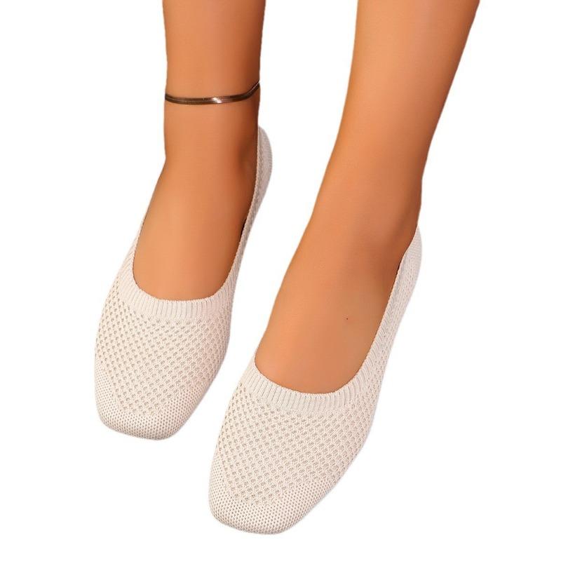 New solid color round head fly-woven flat-soled single shoes women's casual breathable hollow knitted lazy work shoes ebay