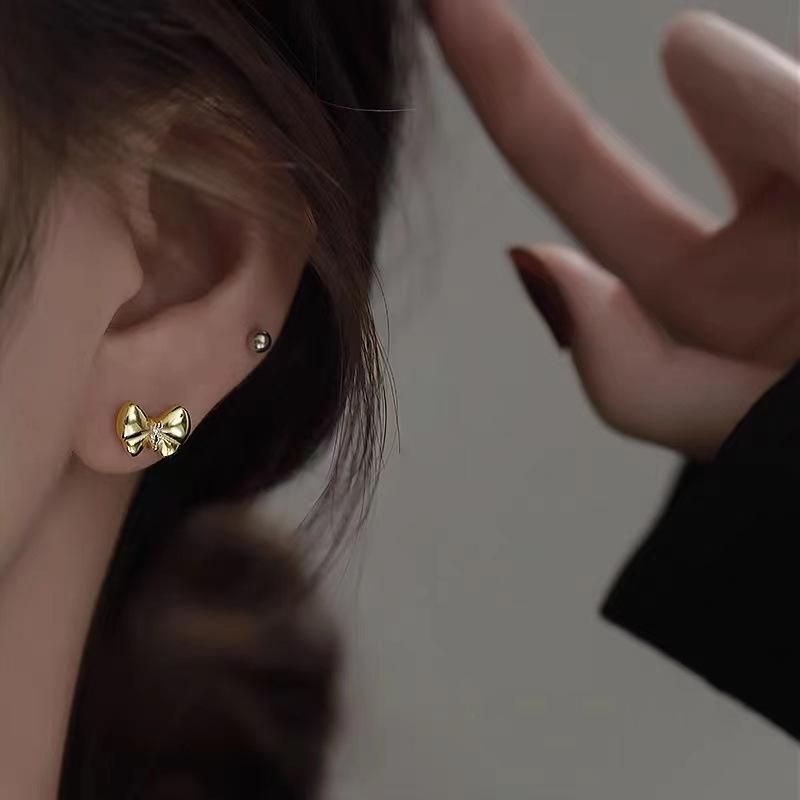 S925 Sterling Silver Diamond Bow Stud Earrings Women's Cute Student Commuter's All-Matching Graceful Earrings