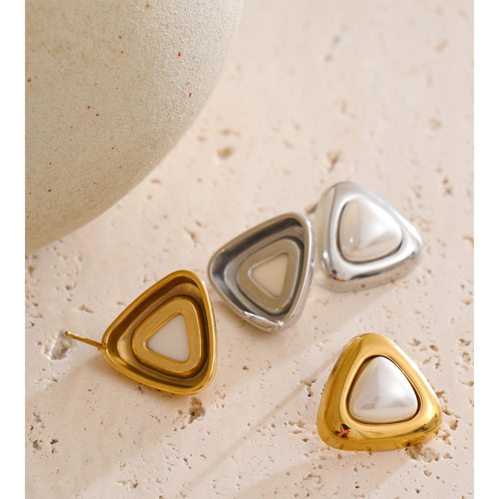 Yhpup 2025 Stainless Steel Imitation Pearls Triangle Stud Earrings Arrivals Elegance Chic Korean Trendy Exquisite Jewelry Women