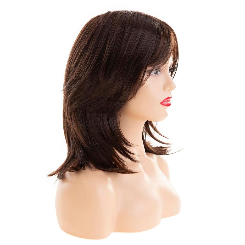 Medium Length Hair Natural Golden Brown Wig Synthetic Straight Wigs with Bangs for Women Daily Cosplay Party Heat Resistant Fibre