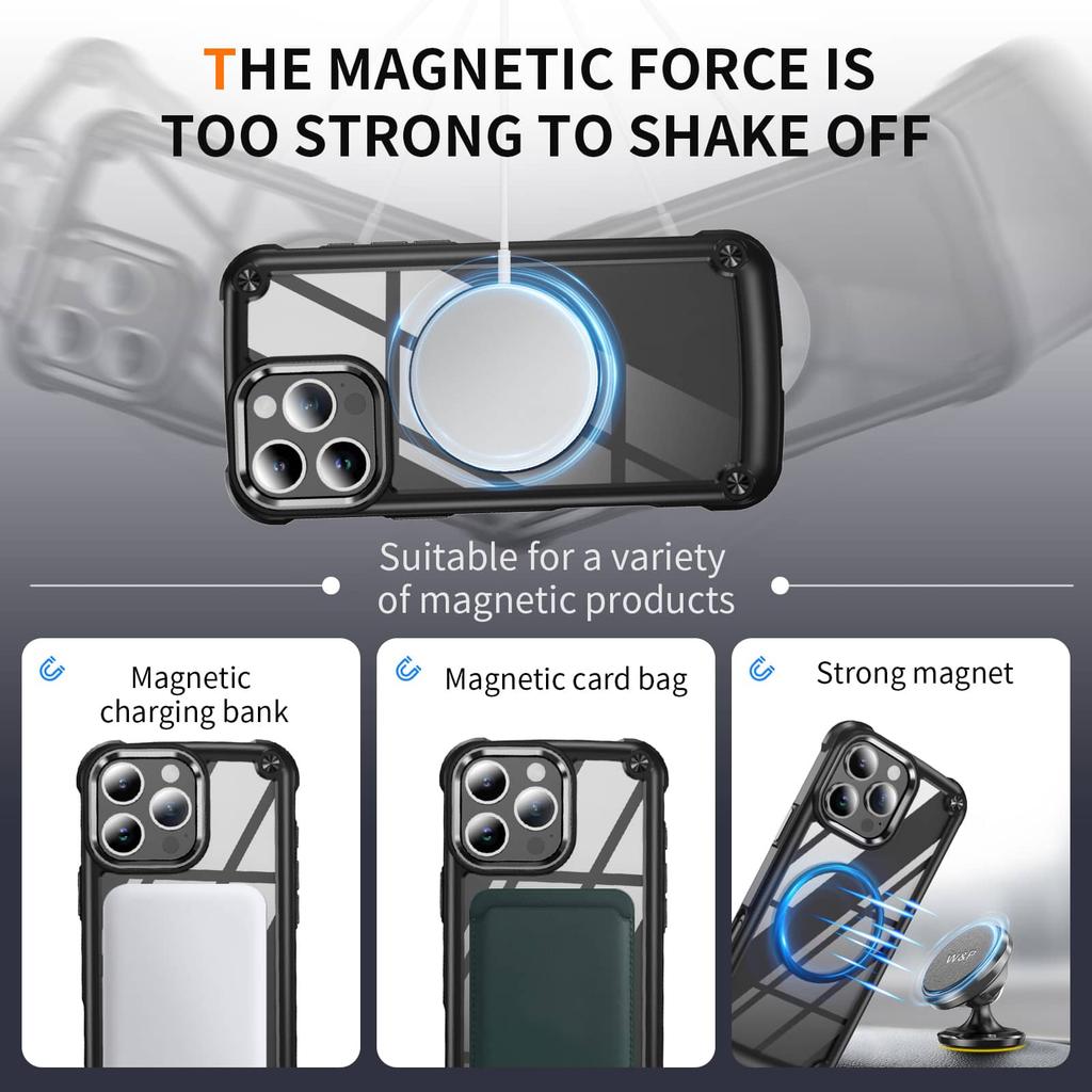 Compatible with Magnetic for iPhone 17/16/15/14/13/12/11 Pro Max Case, Plating Camera Protection, Scratch-Resistant Crystal Back