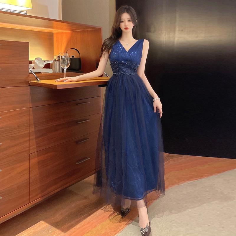 

Высококачественное тонкое платье из нежной сетки с бисером one size fits all синий