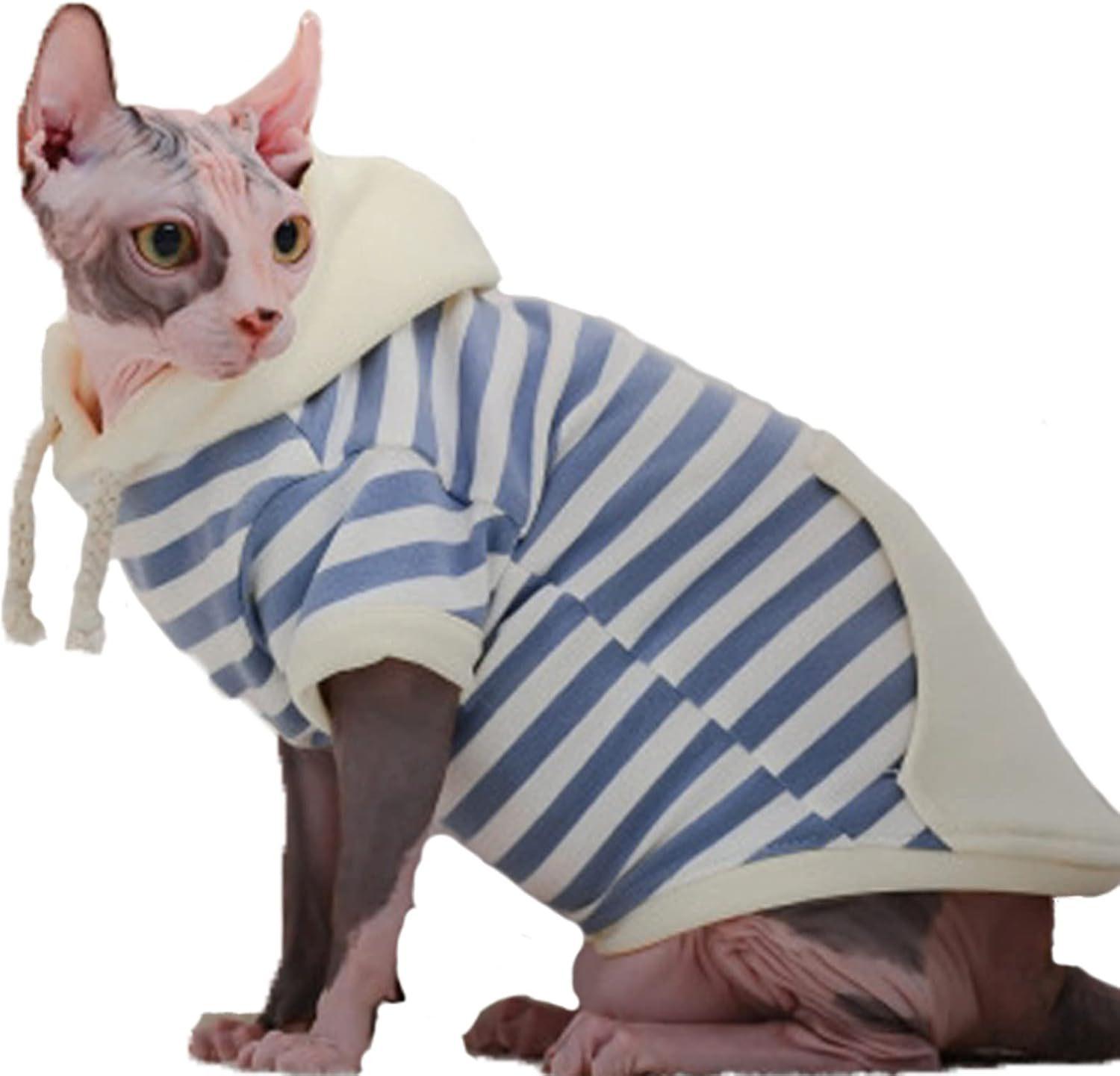 Breathable Striped Hairless Cat Sweater Hoodie for Spring, Autumn, and Winter XL