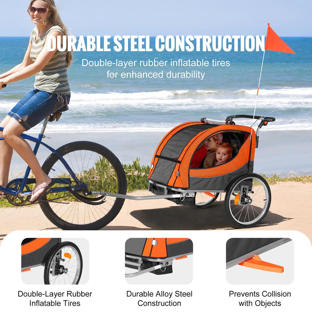 SucceBuy 88/100 Lbs Child Bike Trailer Double Seat Carrier Converts To Stroller Foldable Children Bicycle Trailer for Toddlers