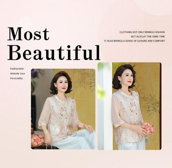2026 Summer Collection: Mid-Aged Women's Chinese Style Chiffon Blouse - Short-Sleeved, Thin, Elegant Top.