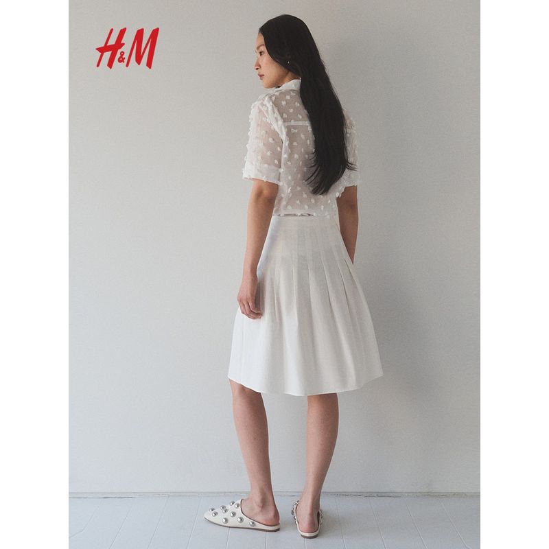 

HM Women clothes 2025 Summer New Cotton Pleated Skirt 1296184 White 170/88(46)
