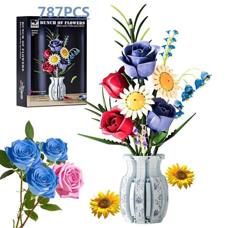 Plastic Blocks Simulation Flowers Building Bricks Eternal Plant Preserved Rose Artificial Bamboo Adult Toy Mom Gift Girl Present