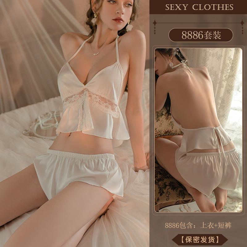 Original Erotic Lingerie, Sexy Deep V Lace Seductive Split Pajamas, Hot and Beautiful Back Uniform Set 8886