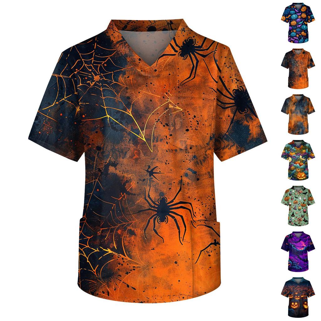 Men's Short Sleeve V-Neck Halloween Print Chest Pocket Care Top