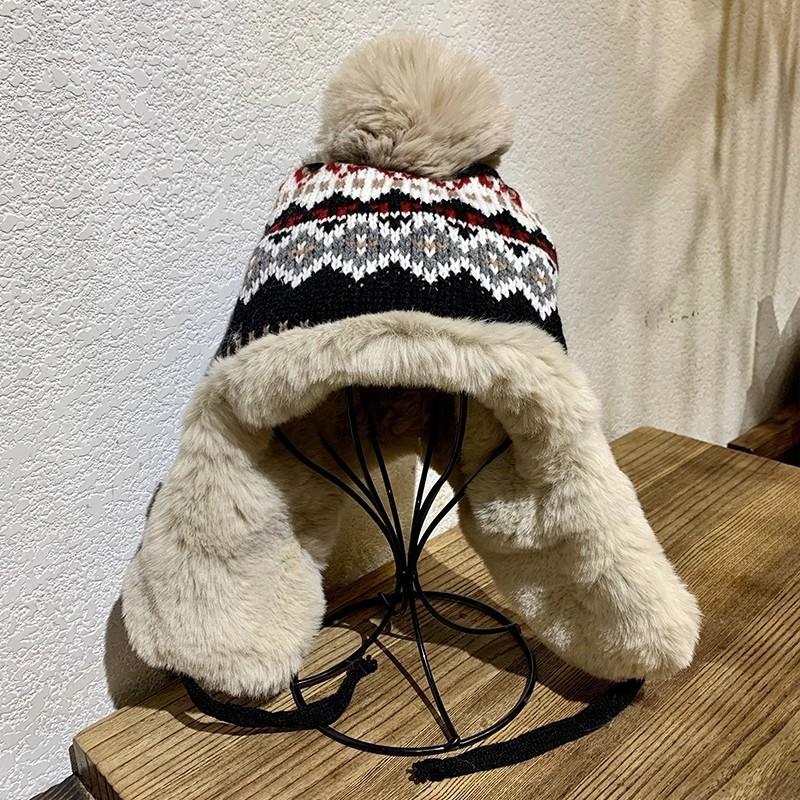 Winter Warm Cute Pom-pom Earflap Beanie Hat For Women High Top Short Brim Knit Ear Warmer Cap Trendy Red