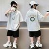 Boys' Cotton Stand-up Collar T-shirt Two-Piece Set: Short-Sleeve Polo Style, Casual Fit for Medium and Large Children.