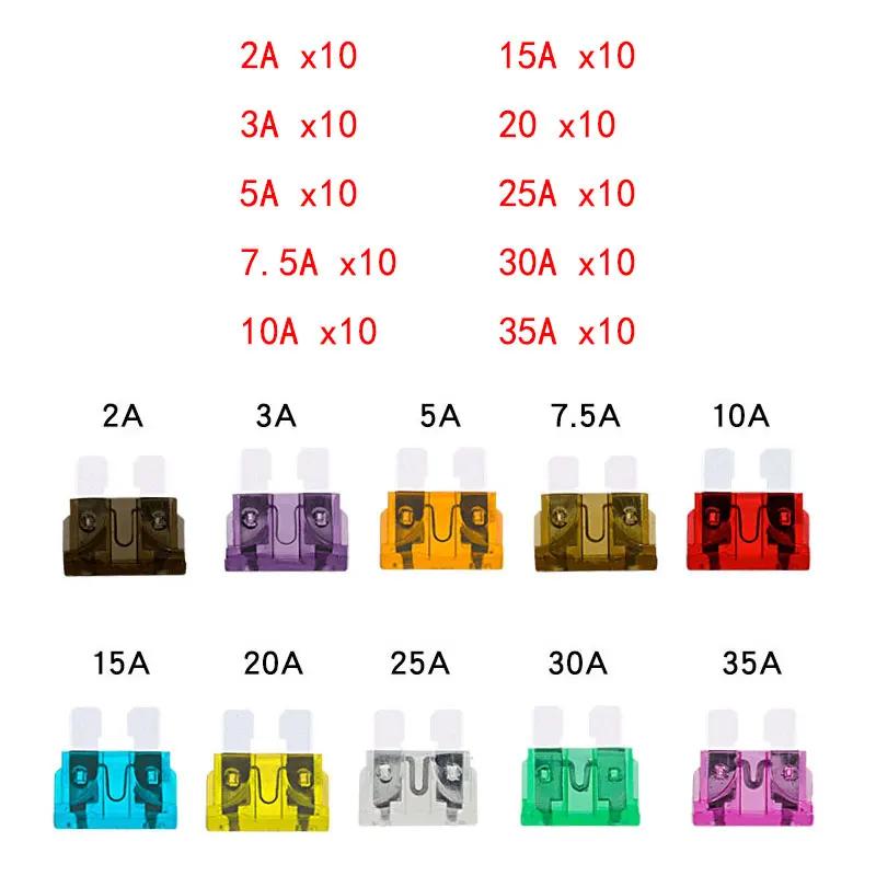 100 ks automobilových pojistek, malé mini nožové pojistky 2A 3A 5A 7,5A 10A 15A 20A 25A 30A 35A AMP, sortiment v úložném boxu, střední pojistky