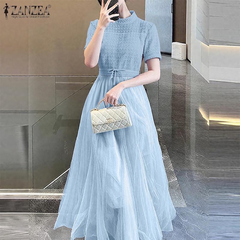 ZANZEA Women Turtleneck Casual Mesh Splice Summer Short Sleeve Dress