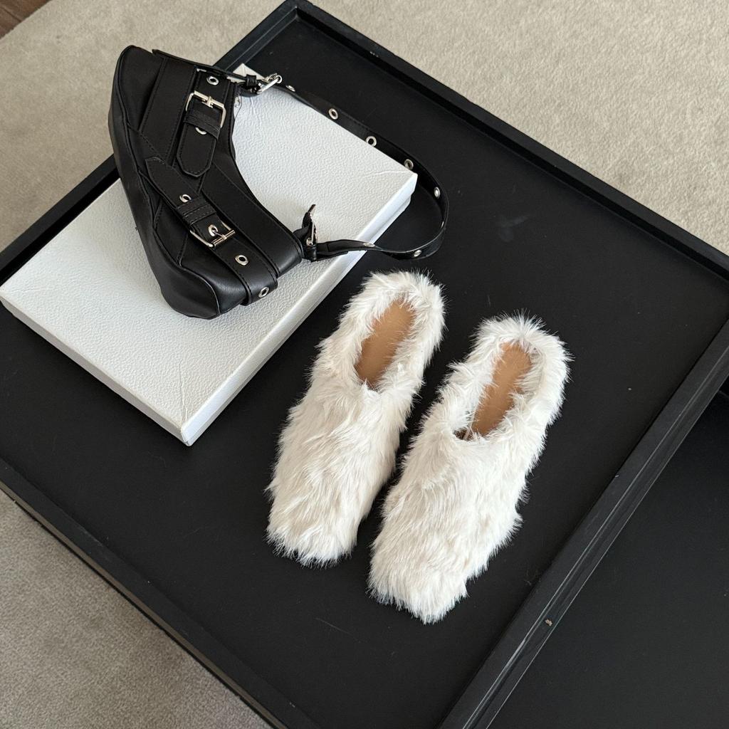 European and American Style Fashion Square Head Deep Mouth Bag Head Slippers Cat Heel 2025 Autumn Simple Women's Shoes Flat Bottom Fluffy Slippers