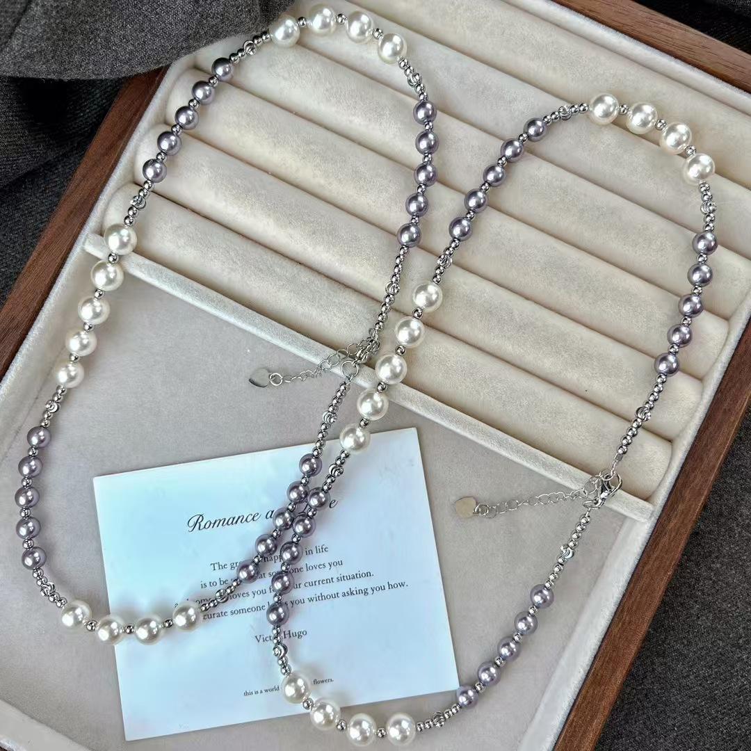 

Vintage Autumn And Winter Smoke Purple High-Gloss High-Quality Mixed Color Artificial Pearl Collarbone Chain Necklace