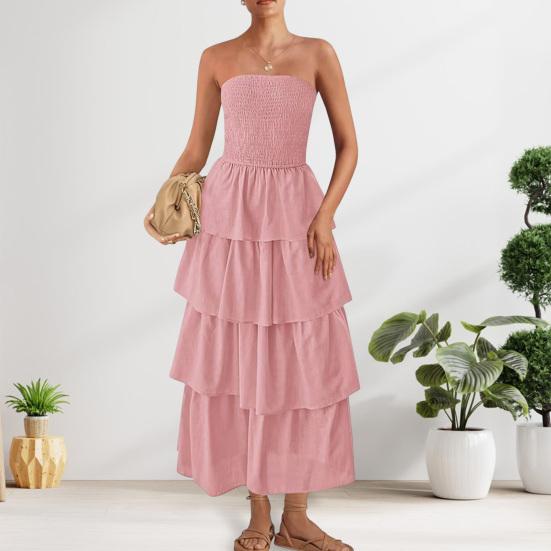 Lady Strapless Dress Off Shoulder Backless Sleeveless Beach Dress Layered Ruffle Scattered Hem Vacation Dress Elastic Bust Maxi Dress