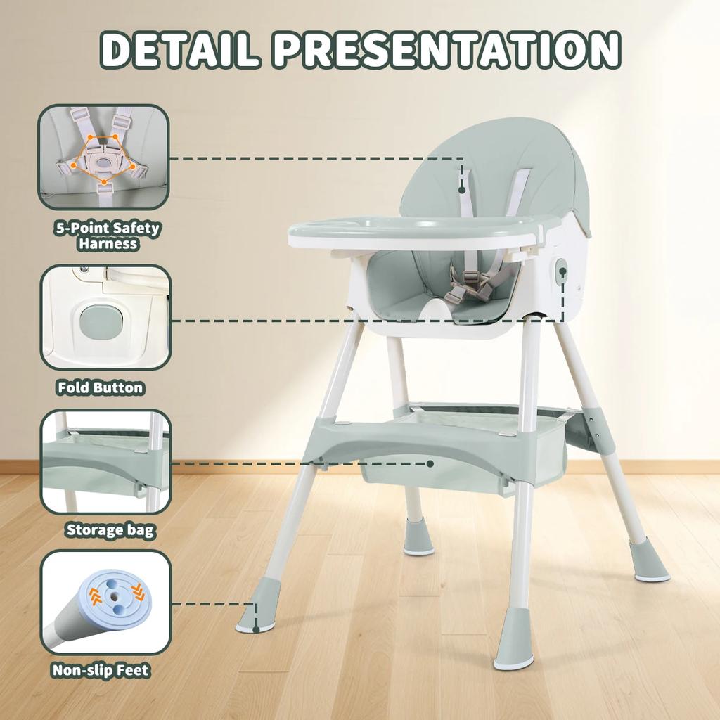 Foldable Baby High Chair, Feeding Chair, Table and Chair, Children's High Chair, Removable Double-layer Tray