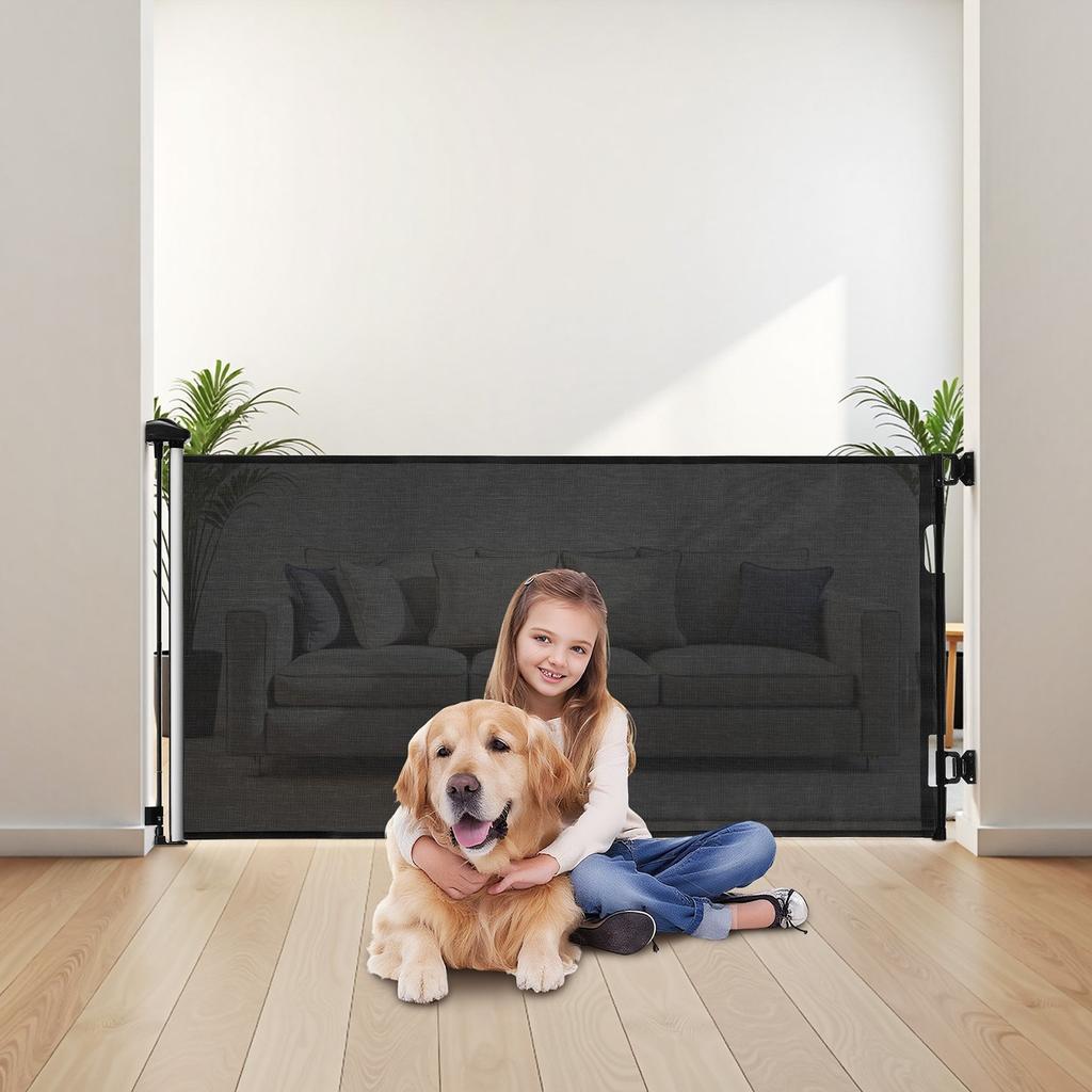 Retractable Baby Gate, Extends to 1850 mm Wide, 795 mm Tall, with Security Lock, Easy to Use, Walk Through Without Tripping, Mesh Dog Gate for Stairs,