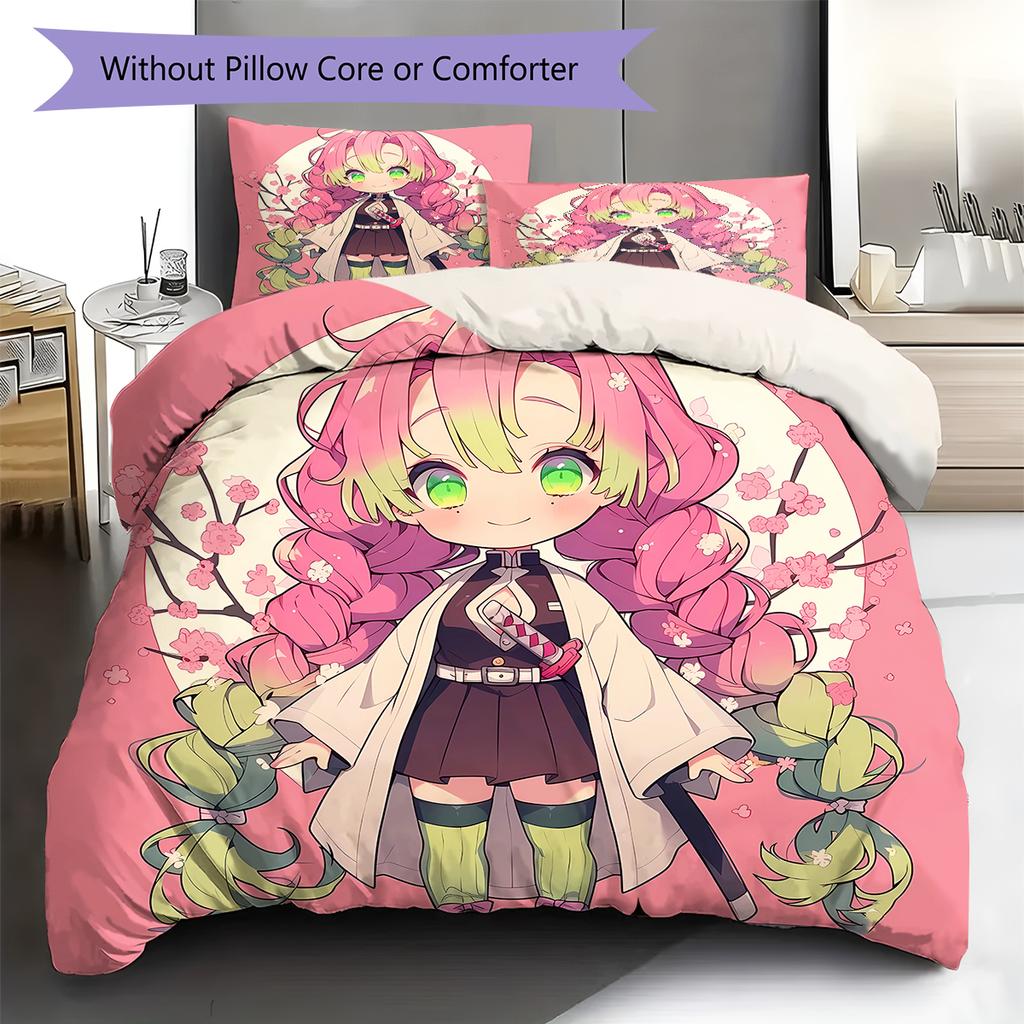 Demon Slayer Pattern Bedding,Quilt Set Quilt Cover Pillowcase Home Birthday Gift (1 * Duvet Cover + 2 * Pillowcase, Without Core)