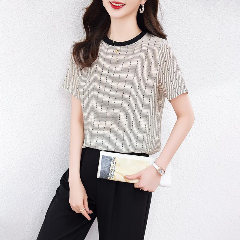 

Модная полосатая шелковая футболка с принтом, женская, с короткими рукавами, летняя одежда, новая, с темпераментом, тонкий топ из шелка-тусса 2XL