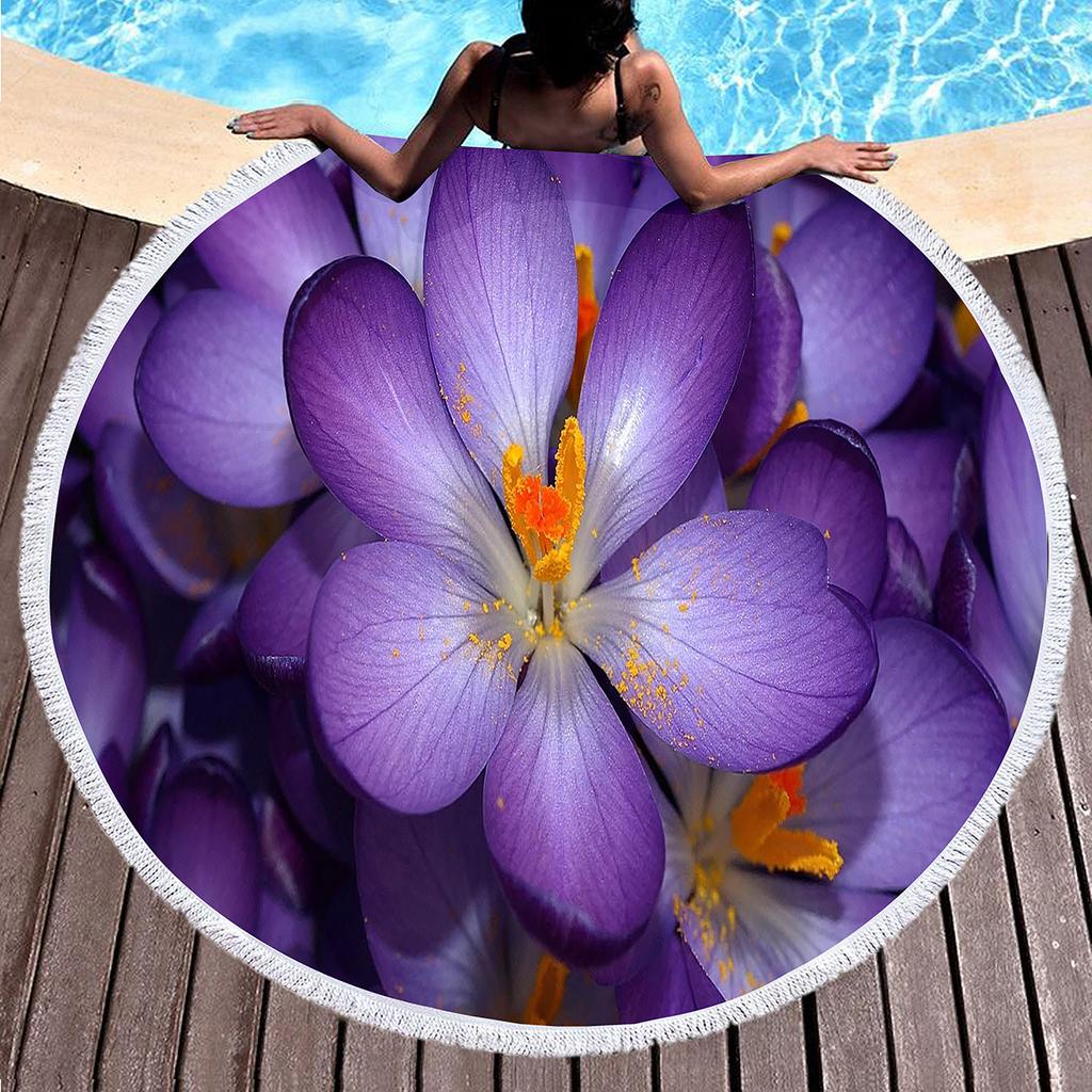 Botanical Floral Round Beach Towel, Garden Flowers Daisy Beach Blanket, Rustic Farmhouse Style Pool Towel, Portable Picnic Mat