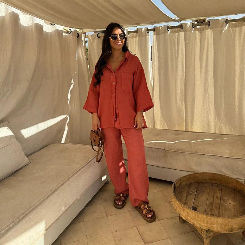 Vintage Solid Shirt Trousers Suit Women Single Breasted Long Sleeve Shirt Wide Leg Pants Summer Female Set