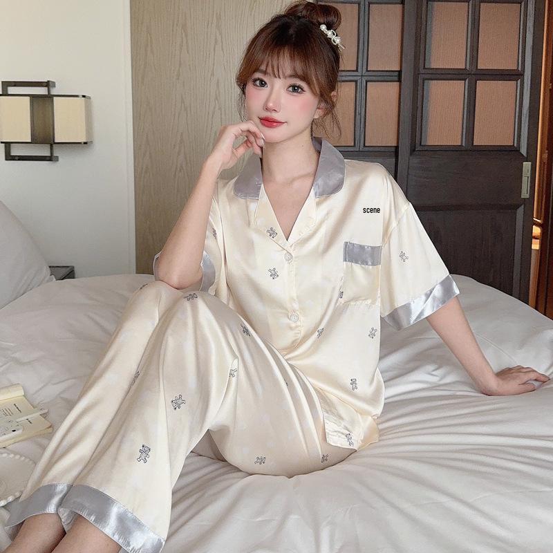 Women's Ice Silk Pajamas - Summer Cute Bear Design, Cartoon Style, Short Sleeve, Long Pants, High-End Feel, Homewear