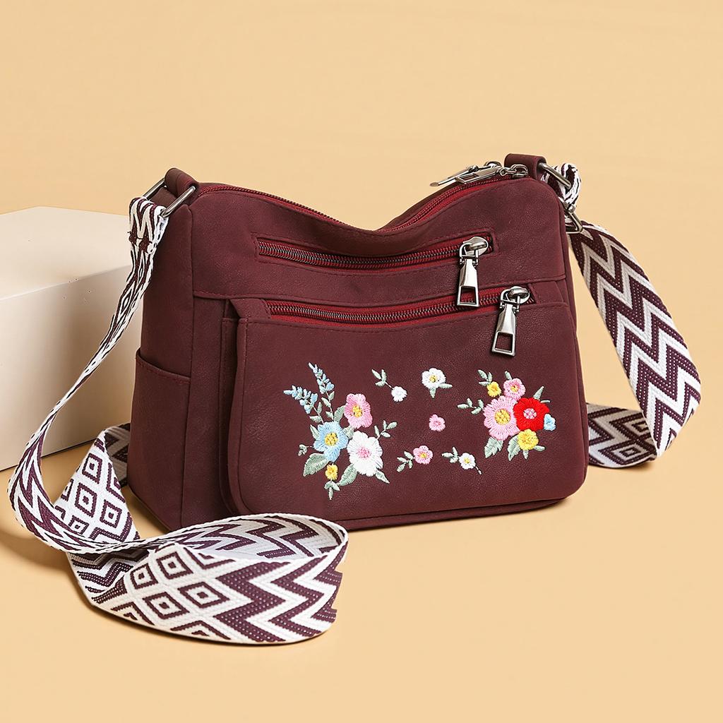 Sporty Casual Lightweight Embroidered Flower Shoulder Bag, Retro Large Capacity Travel Crossbody Bag