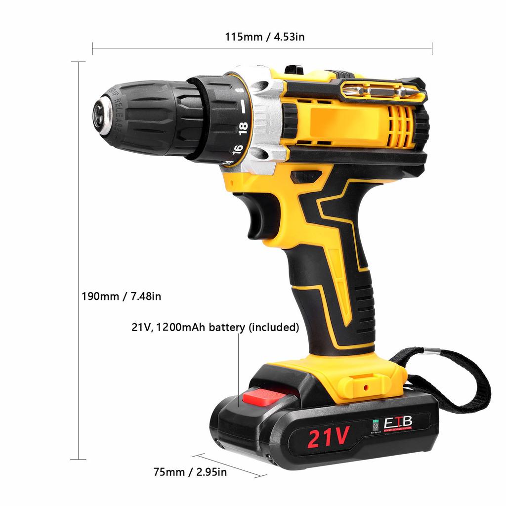 18 Torque Electric Impact Screwdriver Cordless Drill Power Tools Setting 2 Gear Speeds Adjustable Holes Drilling Machine