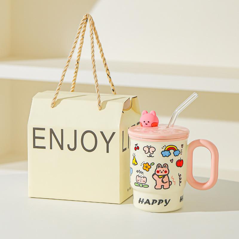 Cute Mug Boy and Girl Birthday Gift High Value Water Cup Creative Straw Cup Couple Cup Student Desktop Water Cup