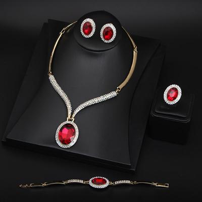 Strasskristall Großer Edelstein Halskette Ohrringe Ring Armband Vierteiliges Damenaccessoire