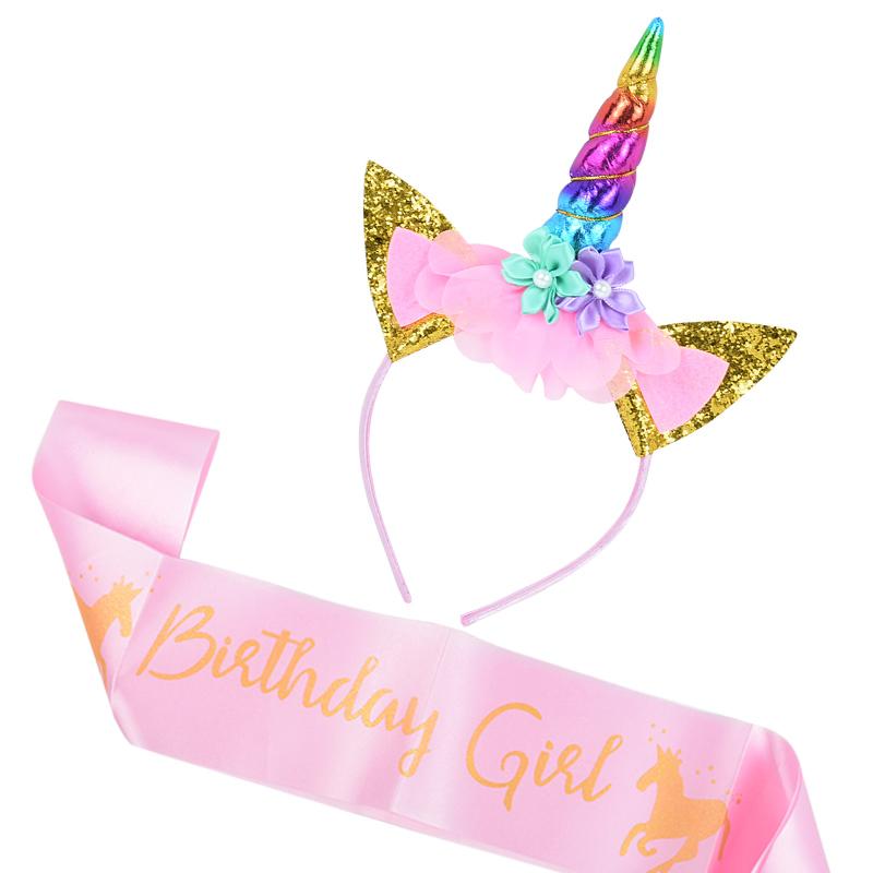 Unicorn Horn Headband Birthday Girl Sash Satin for Girl 1st Birthday Party Decoration Unicorn Theme Party Hair Band Baby Shower