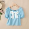 Women Casual Square Collar Summer Short Sleeve Blouse