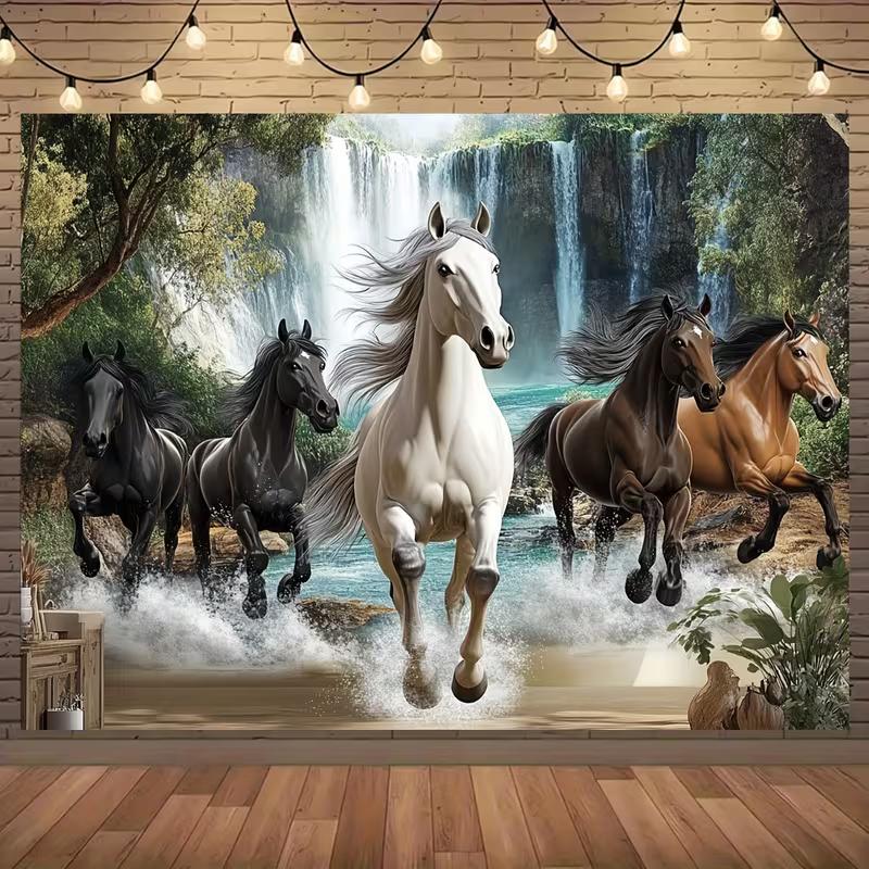 2D Galloping Horses Waterfall Tapestry Nature Landscape Backdrop Cloth for Bedroom