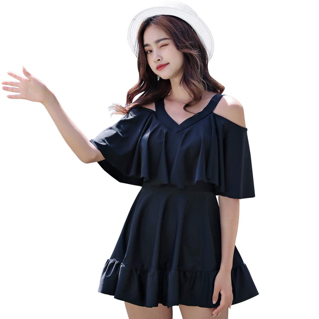 

TeddyShop Большой M Однотонный черный женский купальник, Скрывающий недостатки фигуры, Слитный, Взрослый, Все-в-одном, С открытыми плечами, Расклешенный, Размер, hys1515, (Размер 7),