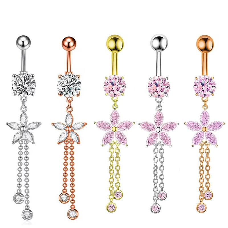 Fashion Stainless Steel Flower Zircon Tassels Belly Button Rings For Women Simple Navel Ring Sexy Body Piercing Jewelry Gifts